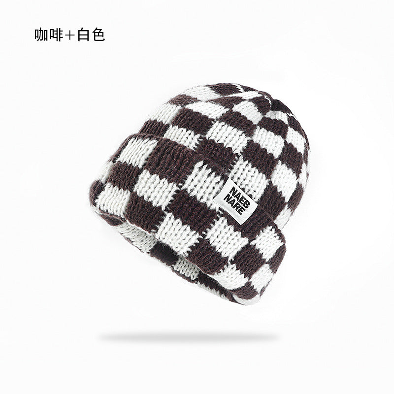 Wholesale Checkerboard plaid knitted hat women' s autumn and winter face-revealing small warm hat